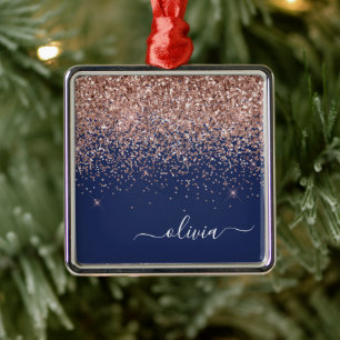Rosa Rose Gold Navy Blue Glitzer Monogram Ornament Aus Metall