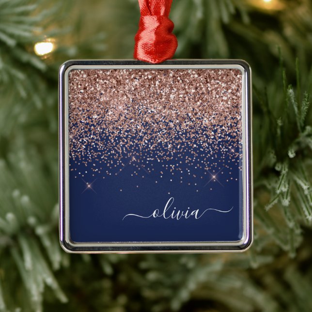 Rosa Rose Gold Navy Blue Glitzer Monogram Ornament Aus Metall (Baum)