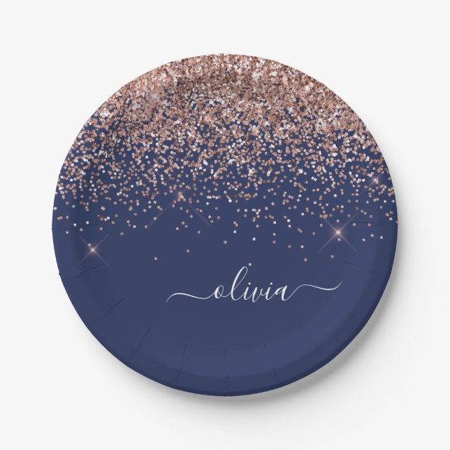 Rosa Rose Gold Navy Blue Glitzer Monogram Pappteller (Vorderseite)