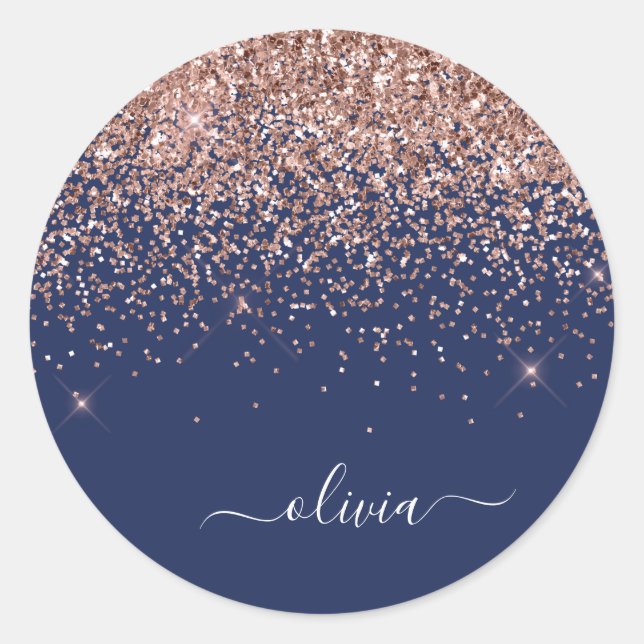 Rosa Rose Gold Navy Blue Glitzer Monogram Runder Aufkleber (Vorderseite)