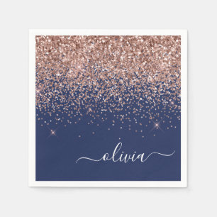 Rosa Rose Gold Navy Blue Glitzer Monogram Serviette