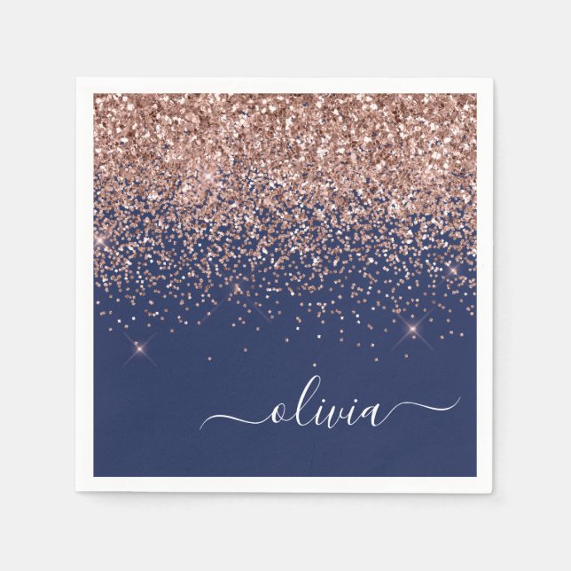 Rosa Rose Gold Navy Blue Glitzer Monogram Serviette (Vorderseite)