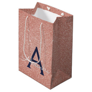 Rosa Rose Gold Navy Blue Glitzer Sparkgram Monogra Mittlere Geschenktüte