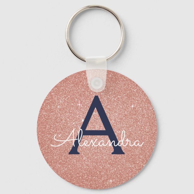 Rosa Rose Gold Navy Blue Glitzer Sparkgram Monogra Schlüsselanhänger (Vorderseite)