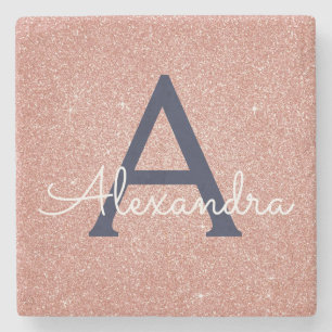Rosa Rose Gold Navy Blue Glitzer Sparkgram Monogra Steinuntersetzer