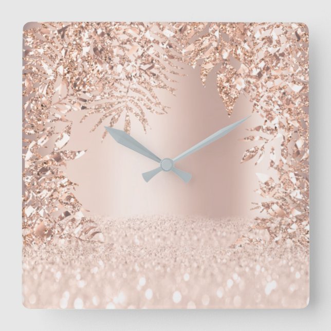 Rosa Rose Gold Park Glitzer Blush Giro Quadratische Wanduhr (Vorderseite)
