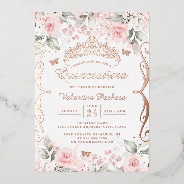 Rosa Rose Gold Quinceanera Folieneinladung (Vorderseite)