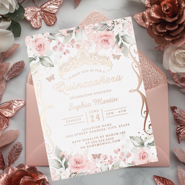 Rosa Rose Gold Quinceanera Folieneinladung (Von Creator hochgeladen)