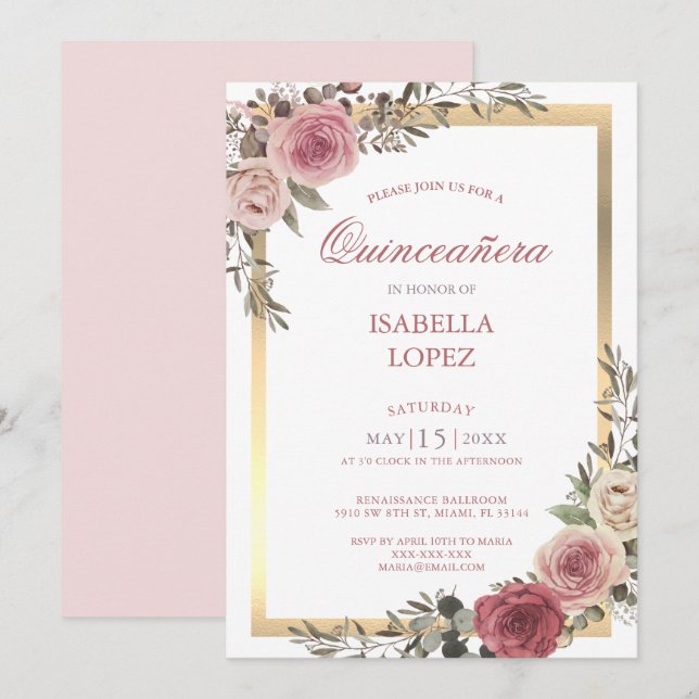 Rosa Rose Gold Quinceñera Einladung (Vorne/Hinten)