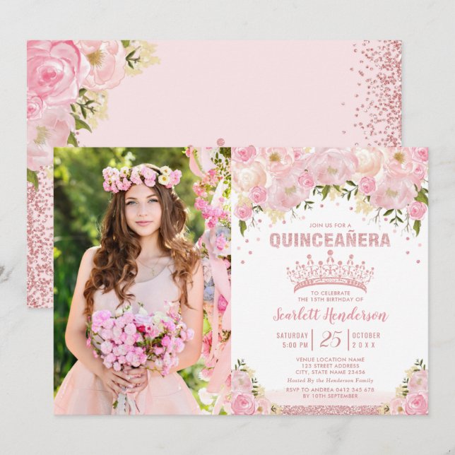 Rosa Rose Gold Quinceñera Geburtstag Einladung (Vorne/Hinten)