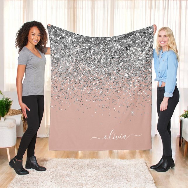 Rosa Rose Gold Silber Glitzer Monogram Fleecedecke (Von Creator hochgeladen)