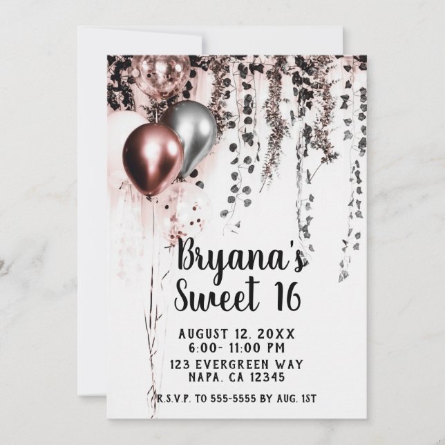 Rosa Rose Gold Silberballons Rustikale Ivy Sweet 1 Einladung (Vorderseite)