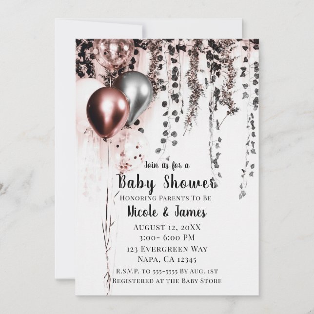 Rosa Rose Gold Silver Balloons & Ivy Baby Dusche Einladung (Vorderseite)