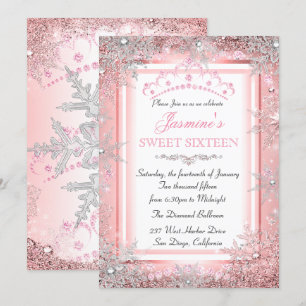 Rosa Rose Gold Silver Winter Wonderland Sweet 16 Einladung