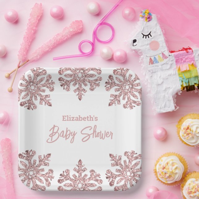 Rosa Rose Gold Snowflake Winter Baby Dusche Pappteller (Party)