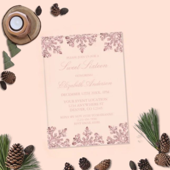 Rosa Rose Gold Snowflake Winter Sweet 16 Acryleinladungen (Von Creator hochgeladen)