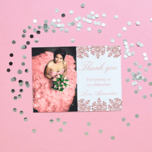 Rosa Rose Gold Snowflake Winter Sweet 16 Dankeskarte