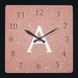Rosa - Rose Gold Sparkle Glitzer Monogram Name Quadratische Wanduhr<br><div class="desc">Blush Pink - Rose Gold Sparkle Glitzer Monogramm Name und erste Serving Wall Clock. Die Wall-Uhr ist das ideale Geschenk für jemanden,  der rosa funkelnden Glitzer Liebe.</div>