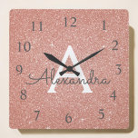 Rosa - Rose Gold Sparkle Glitzer Monogram Name Quadratische Wanduhr<br><div class="desc">Blush Pink - Rose Gold Sparkle Glitzer Monogramm Name und erste Serving Wall Clock. Die Wall-Uhr ist das ideale Geschenk für jemanden,  der rosa funkelnden Glitzer Liebe.</div>