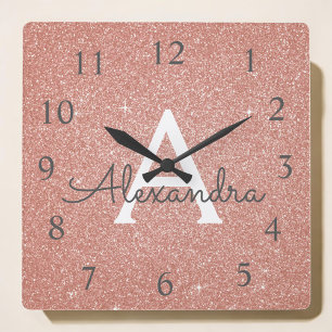 Rosa - Rose Gold Sparkle Glitzer Monogram Name Quadratische Wanduhr