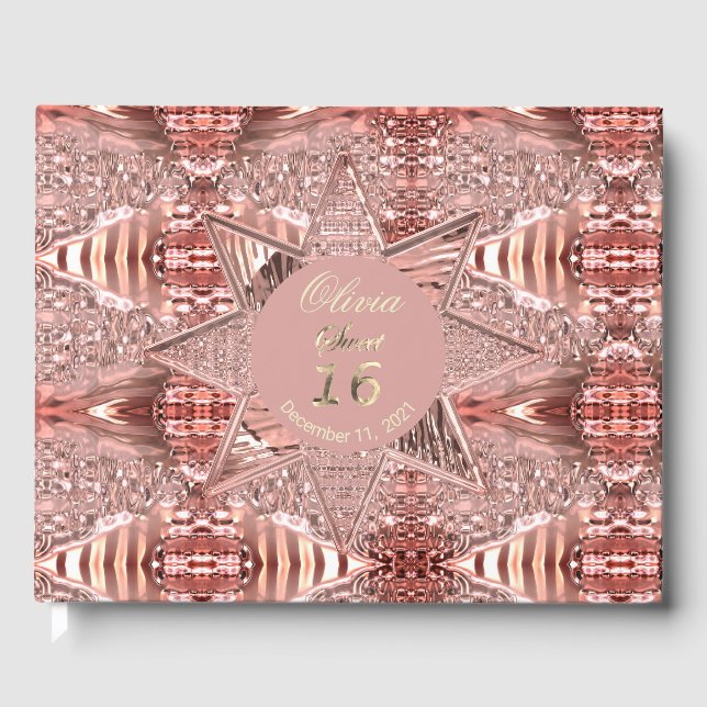 Rosa Rose Gold Star Golden Text Sweet 16 Gästebuch (Vorderseite)