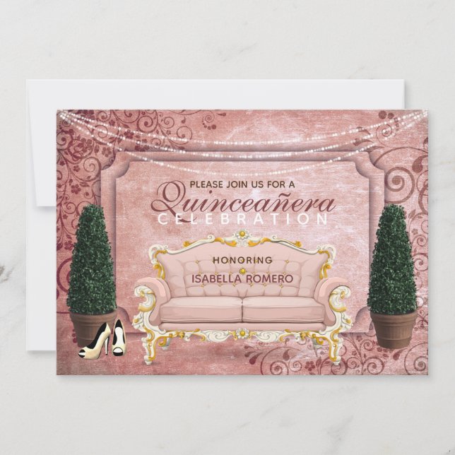 Rosa Rose Gold Topiary Garden Quinceañera Einladung (Vorderseite)