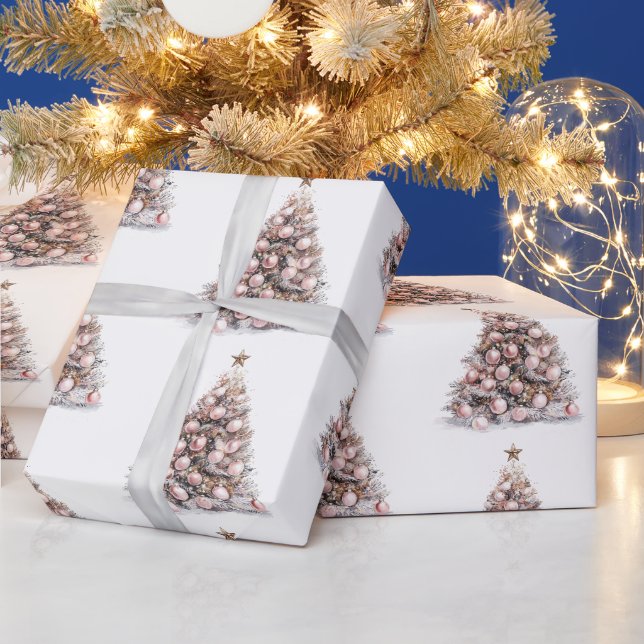 Rosa Rose Gold Weiße Weihnachtsbäume Geschenkpapier (Feiertage)