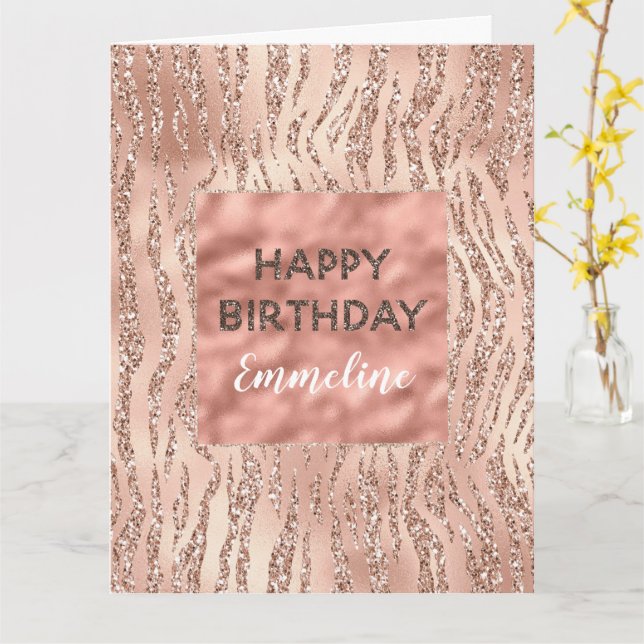 Rosa Rose Gold Zebra Print Glitzer Geburtstag Karte (Gelbe Blume)