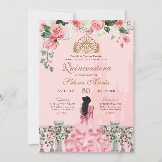 Rosa Rose Golden Princess Fairytale Quinceañera Einladung (Vorderseite)