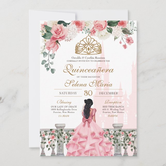 Rosa Rose Golden Princess Fairytale Quinceañera Einladung (Vorderseite)