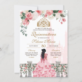 Rosa Rose Golden Princess Fairytale Quinceañera Einladung