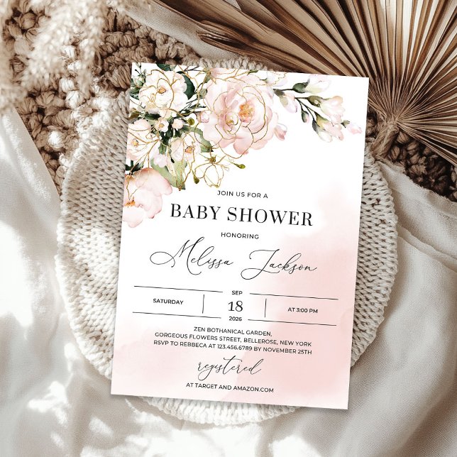 Rosa Rose Goldgelbe Frühlingsdusche Einladung (Pink boho rose gold floral spring baby shower invitation)