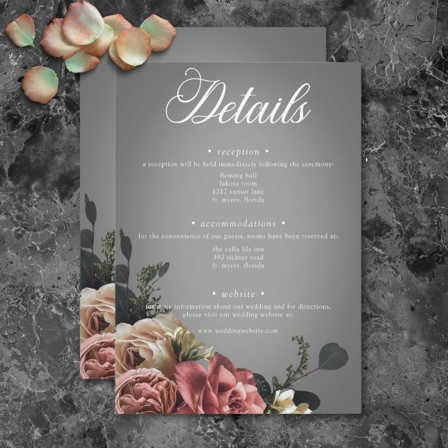 Rosa Rose Grau Hochzeit Begleitkarte (Elegant Pink White Floral Roses Gray Wedding Enclosure Card)