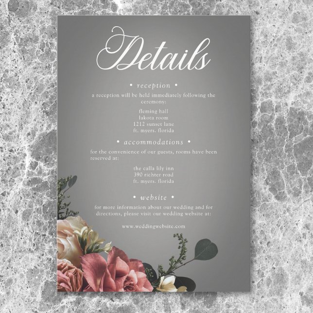 Rosa Rose Grau Hochzeit Begleitkarte (Elegant Pink White Floral Roses Gray Wedding Enclosure Card)