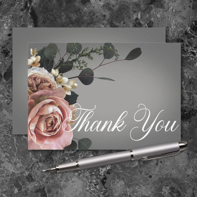Rosa Rose Grau Hochzeit Dankeskarte (Elegant Pink White Floral Roses Gray Wedding Thank You Card)