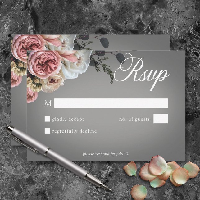 Rosa Rose Grau Hochzeit RSVP Karte (Elegant Pink White Floral Roses Gray Wedding RSVP Card)