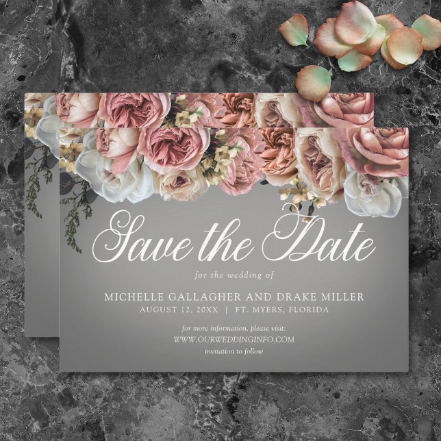 Rosa Rose Grau Hochzeit Save The Date (Elegant Pink White Floral Roses Gray Wedding Save The Date)