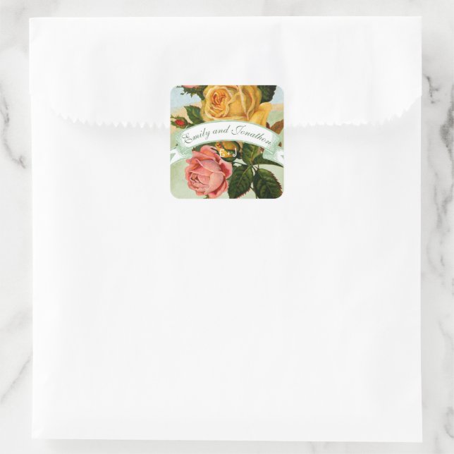 Rosa Rose Grün und Gelb Blumenzwiebeln Hochzeitszi Quadratischer Aufkleber (Tasche)