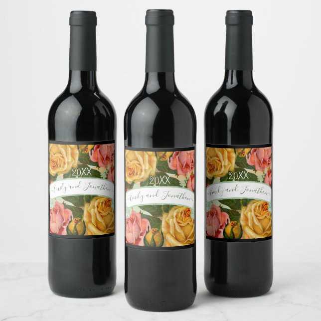 Rosa Rose Grün und Gelb Blumenzwiebeln Hochzeitszi Weinetikett (Flaschen)