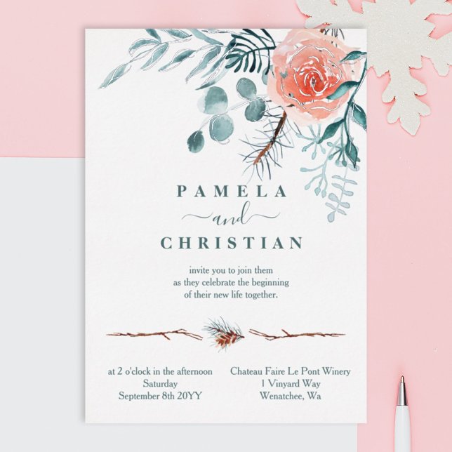 Rosa Rose, hellgrüne Winter-Blätter Hochzeit Folieneinladung (eucalyptus green watercolor winter pink rose pinecones silver foil wedding invitations)