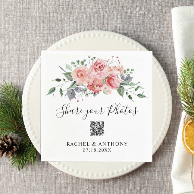 Rosa Rose Hochzeit QR Code Share Fotos Serviette (Von Creator hochgeladen)