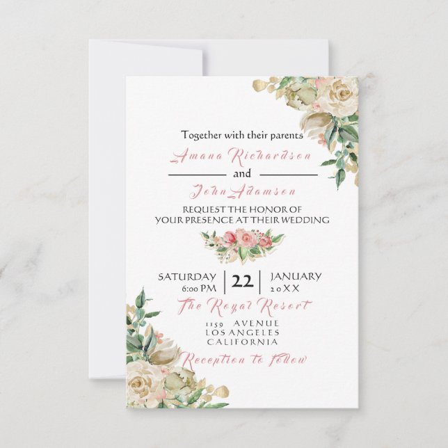 Rosa Rose Ivory Creamy Gold Floral Rose Hochzeit Einladung (Vorderseite)