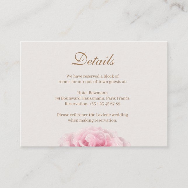 Rosa Rose Ivory Gold Wedding Hotel - Details Begleitkarte (Vorderseite)