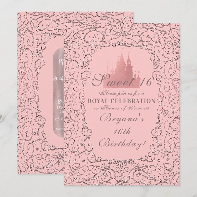 Rosa Rose Königliche Burg Prinzessin Sweet 16 Einladung (Vorne/Hinten)