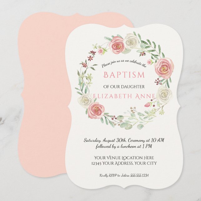 Rosa-Rose-Kranz-Säugling Taufe Baby Girl Einladung (Vorne/Hinten)