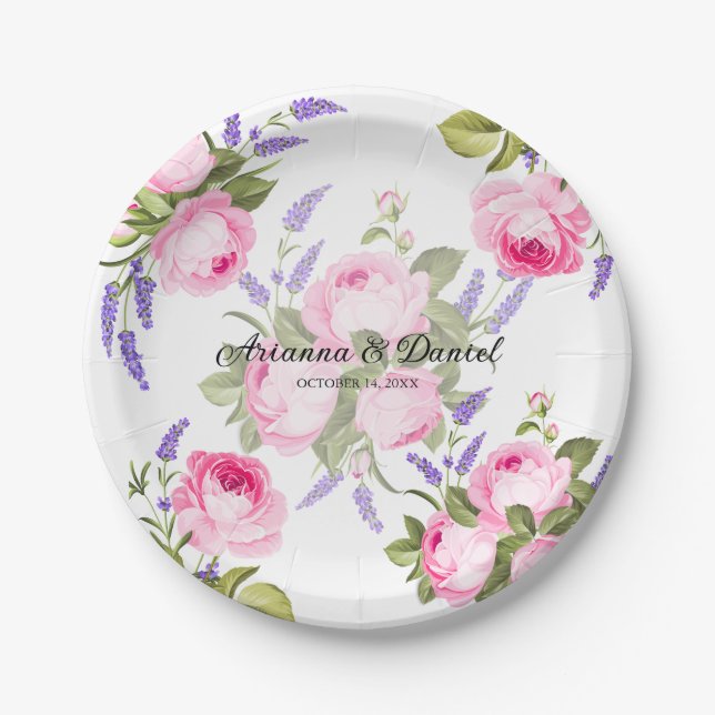 Rosa Rose & Lavendel Hochzeitspapier-Teller Pappteller (Vorderseite)