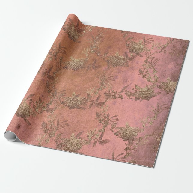 Rosa Rose Lilac Grungy Old Gold Wreath Metallic Geschenkpapier (Ungerollt)