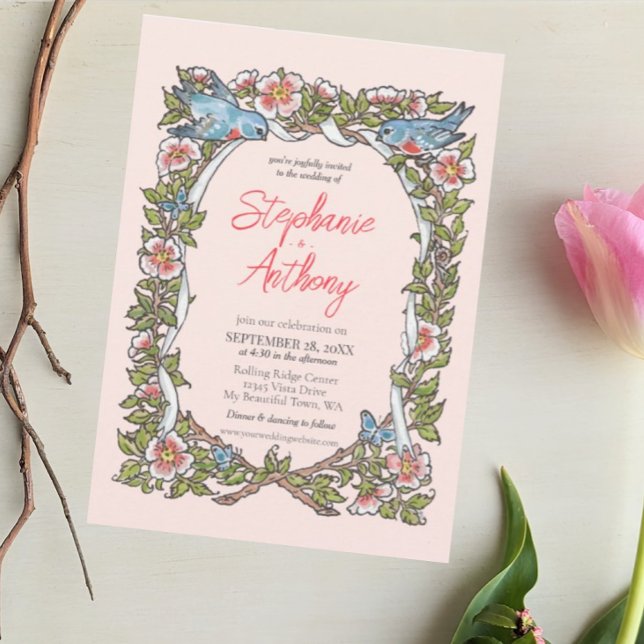 Rosa Rose & Love Bird Pastel Border Wedding Einladung (Von Creator hochgeladen)