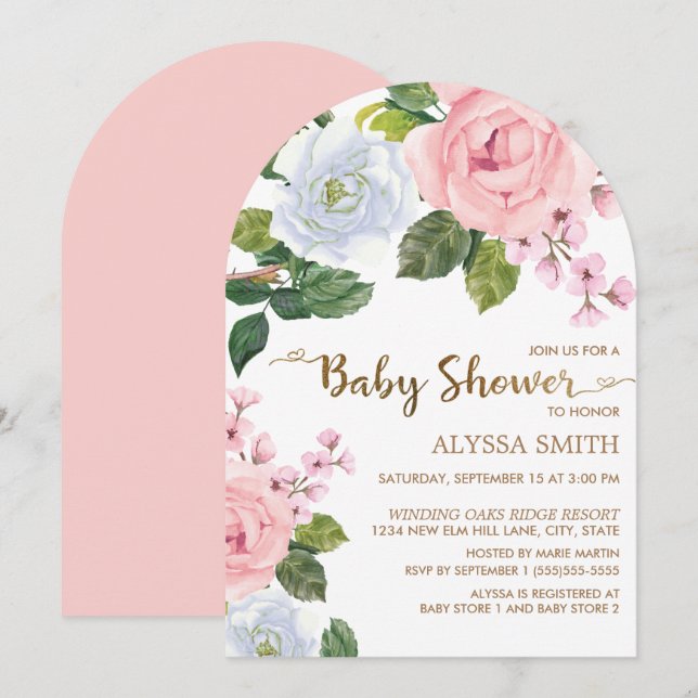 Rosa Rose mit Blumen Arch Babydusche Einladung (Vorne/Hinten)