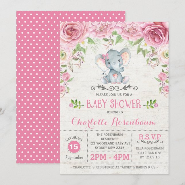 Rosa Rose mit Blumen Elefant Baby Dusche Einladung (Vorne/Hinten)